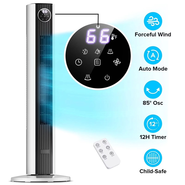 KISSAIR 35" Tower Fan, 4 Fan Modes with LED Display, 12H Timer, 85°Oscillation Fans